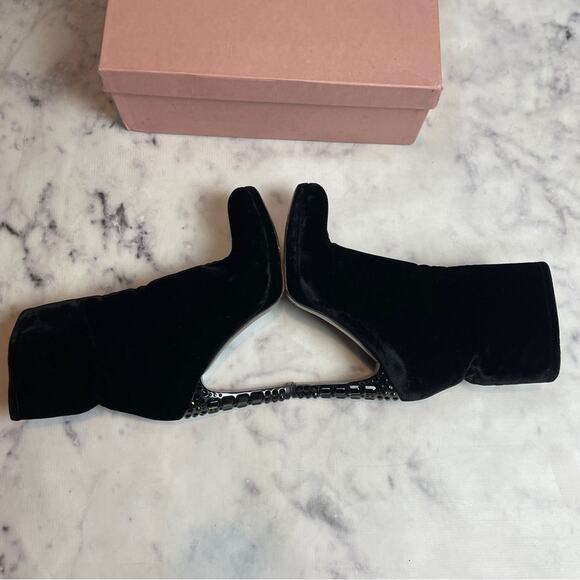 Miu Miu Black Velvet Crystal Embellished Ankle Boots Stiletto Heel Zip Booties - Picture 8 of 12